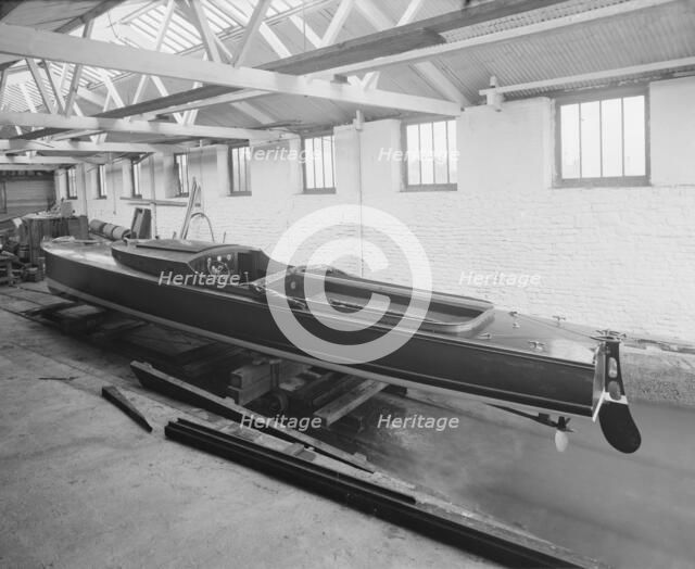 Saunders motor launch in yard, 1914. Creator: Kirk & Sons of Cowes.
