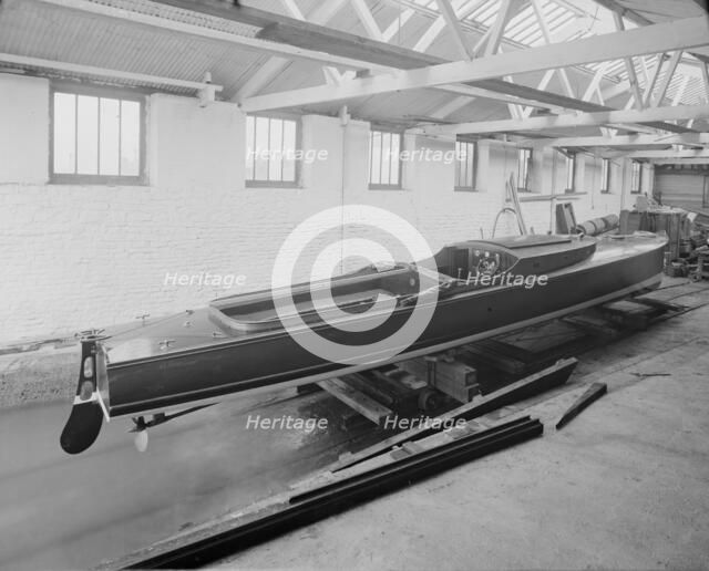 Saunders motor launch in yard, 1914. Creator: Kirk & Sons of Cowes.