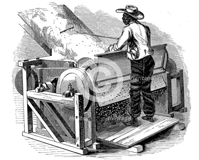 Saw gin for cleaning cotton being operated by barefoot black labourer, southern USA, 1865. Artist: Unknown