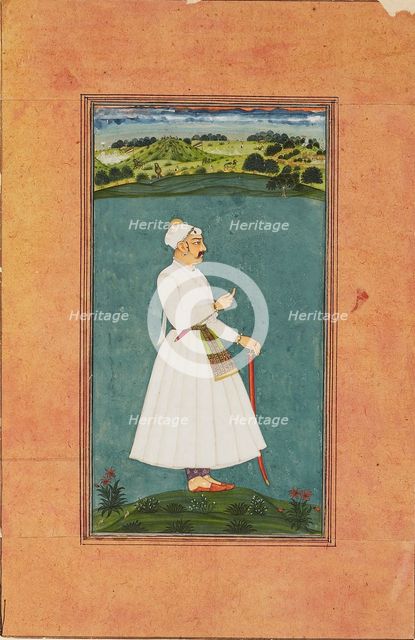 Sawai Jai Singh standing in a landscape, c1730. Artist: Unknown.