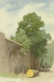 Sawed-off tree trunk in front of a wall at the Rothenburg Wildbad, 1869. Creator: Carl Theodor Reiffenstein