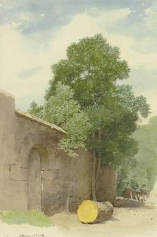 Sawed-off tree trunk in front of a wall at the Rothenburg Wildbad, 1869. Creator: Carl Theodor Reiffenstein
