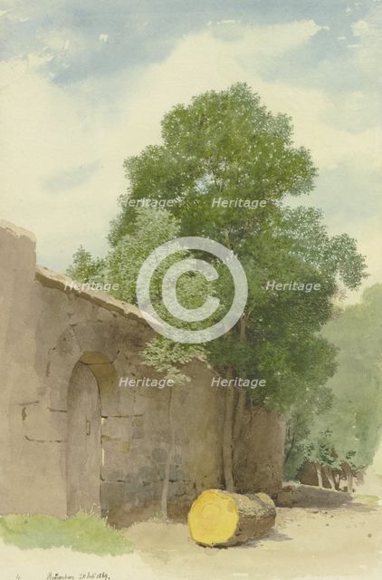 Sawed-off tree trunk in front of a wall at the Rothenburg Wildbad, 1869. Creator: Carl Theodor Reiffenstein.