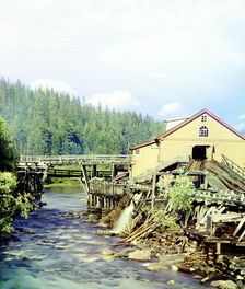Sawmill on the Kumsa River near the Medvezhia Gora Station, 1915. Creator: Sergey Mikhaylovich Prokudin-Gorsky