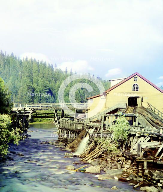 Sawmill on the Kumsa River near the Medvezhia Gora Station, 1915. Creator: Sergey Mikhaylovich Prokudin-Gorsky.