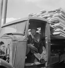 Sawn lumber leaving the mill by truck, Keno, Klamath County, Oregon, 1939. Creator: Dorothea Lange