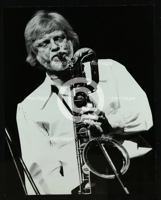Saxophonist Gerry Mulligan playing at at the Forum Theatre, Hatfield, Hertfordshire, 26 October 1979 Creator: Denis Williams.