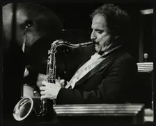 Saxophonist Frank Tiberi performing at the Forum Theatre, Hatfield, Hertfordshire, 1983. Creator: Denis Williams
