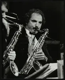 Saxophonist Frank Tiberi performing at the Forum Theatre, Hatfield, Hertfordshire, 1983. Creator: Denis Williams