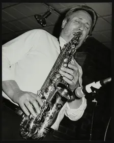 Saxophonist Peter King playing at The Fairway, Welwyn Garden City, Hertfordshire, 14 April 1991. Creator: Denis Williams