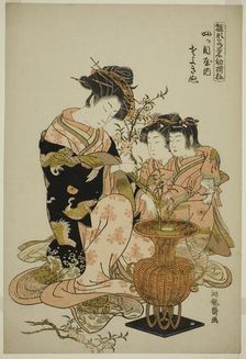 Sayoginu of the Yotsumeya, from the series "Models for Fashion: New Designs as..., c. 1777. Creator: Isoda Koryusai