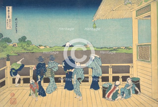 Sazai Hall at the Temple of the Five Hundred Arhats (Gohyaku Rakanji Sazaido), from..., ca. 1830-32. Creator: Hokusai.
