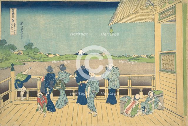 Sazai Hall at the Temple of the Five Hundred Arhats (Gohyaku Rakanji Sazaido), from..., ca. 1830-32. Creator: Hokusai.