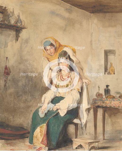 Saada, the Wife of Abraham Ben-Chimol, and Préciada, One of Their Daughters, 1832. Creator: Eugene Delacroix.