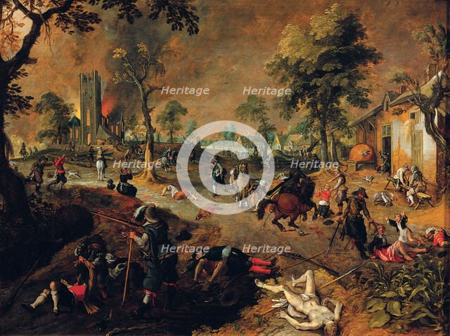 Sacking of a village in Flanders by Spanish troops during the war in the Netherlands.