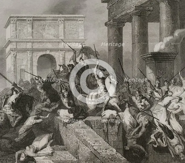 Sack of Rome by the Visigoths led by Alaric I in 410, during the reign of Emperor Honorius, 1853.  Creator: Unknown.