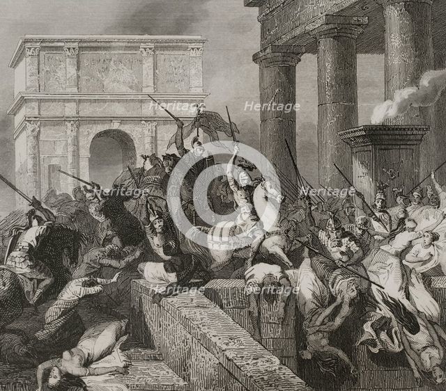 Sack of Rome by the Visigoths led by Alaric I in 410, during the reign of Emperor Honorius, 1853.  Creator: Unknown.