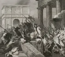 Sack of Rome by the Visigoths led by Alaric I in 410, during the reign of Emperor Honorius, 1853. Creator: Unknown