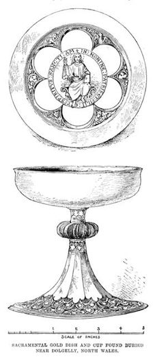Sacramental gold dish and cup found buried near Dolgelly, North Wales, 1890. Creator: Unknown