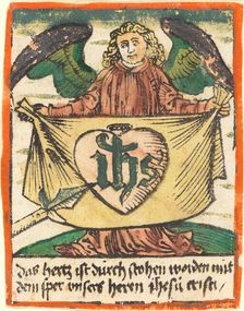 Sacred Monogram in a Sacred Heart on a Cloth Held by an Angel, c. 1480. Creator: Unknown