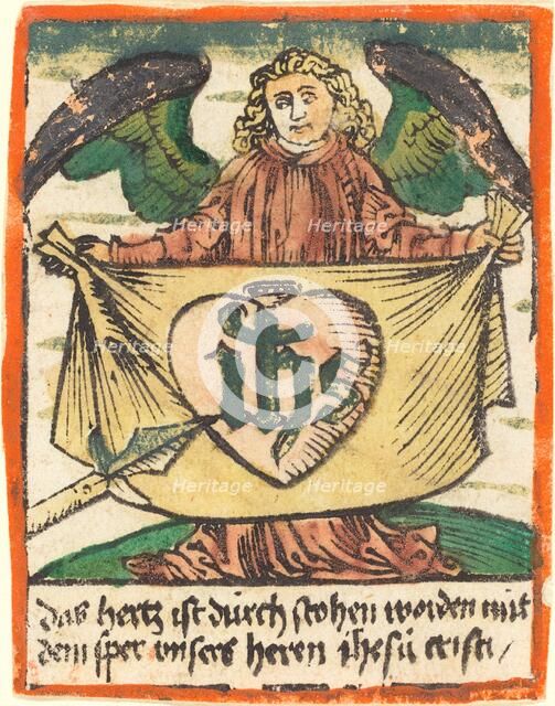 Sacred Monogram in a Sacred Heart on a Cloth Held by an Angel, c. 1480. Creator: Unknown.