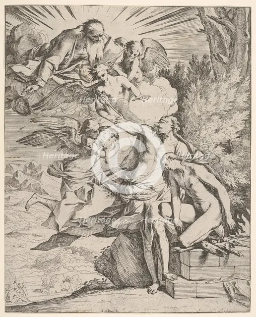 Sacrifice of Isaac: an angel presses against the dagger-bearing arm of Abraham, who ..., ca.1645-50. Creator: Pietro Testa.