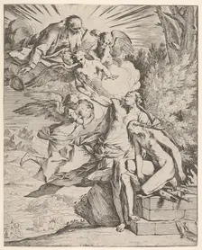 Sacrifice of Isaac: an angel presses against the dagger-bearing arm of Abraham, who ..., ca.1645-50. Creator: Pietro Testa