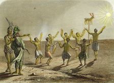 Sacrifice to the sun of a deer, placed on a pole, by the Indians of Florida, engraving from 1850
