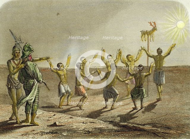 Sacrifice to the sun of a deer, placed on a pole, by the Indians of Florida, engraving from 1850.