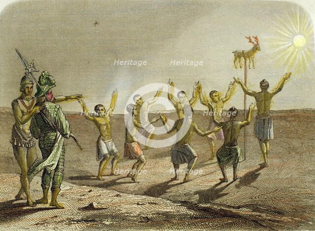 Sacrifice to the sun of a deer, placed on a pole, by the Indians of Florida, engraving from 1850.