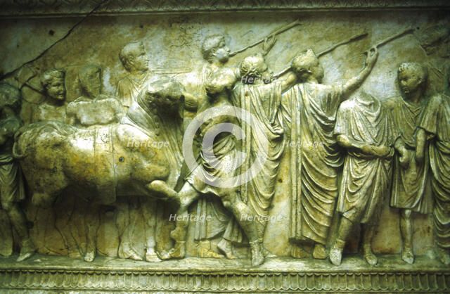 Sacrificial procession of a bull preceded by trumpeters, 30-40. Artist: Unknown