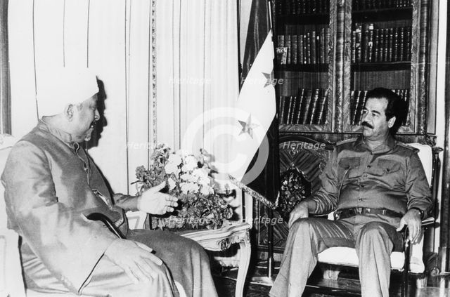 Saddam Hussein at a meeting, Iraq, 1986. Artist: Unknown