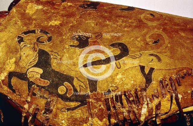 Saddle-Cover of Eagle-Griffin attacking Ibex, Pazyryk, Altai Region, 5th century BC-4th century BC. Artist: Unknown.