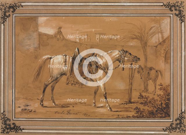 Saddled Arabian Horse in Courtyard, 1820. Creator: Carle Vernet (French, 1758-1836).