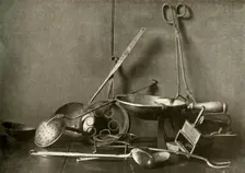 Sadiron; tongs; skimmer, fork; trivets and copper chopping-dish c18th century, (1937). Creator: Unknown