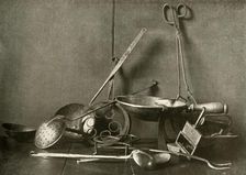 Sadiron; tongs; skimmer, fork; trivets and copper chopping-dish c18th century, (1937). Creator: Unknown