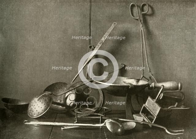 'Sadiron; tongs; skimmer, fork; trivets and copper chopping-dish', c18th century, (1937). Creator: Unknown.