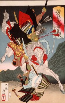 Sagami Jiro and Taira no Masakado Attacking an Opponent on Horseback, 19th century. Creator: Tsukioka Yoshitoshi