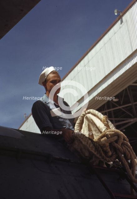 Sailor mechanic inspecting a PBY plane at the Naval Air Base, Corpus Christi, Texas, 1942. Creator: Howard Hollem.
