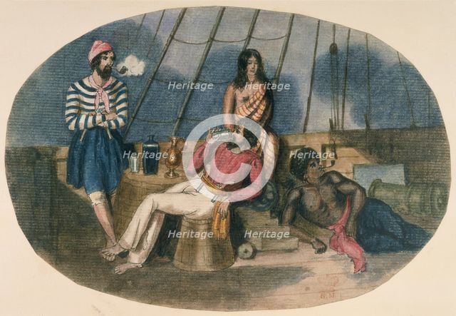 Sailors and Maoris on the deck of a ship, c1850. Creator: Unknown.