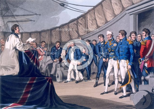 Sailors at prayers on board Lord Nelson's ship, after the Battle of the Nile, 1819. Creators: Matthew Dubourg, JH Clark.