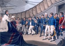 Sailors at prayers on board Lord Nelson's ship, after the Battle of the Nile, 1819. Creators: Matthew Dubourg, JH Clark