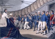 Sailors at prayers on board Lord Nelson's ship, after the Battle of the Nile, 1819. Creators: Matthew Dubourg, JH Clark