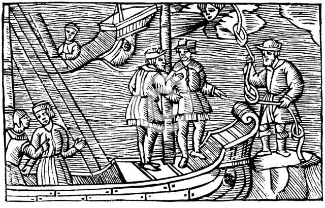 Sailors buying winds (tied in knots) from a magician, 1562. Artist: Unknown
