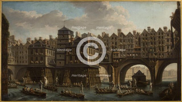 Sailors' joust, between Notre-Dame bridge and the Pont au Change, 1751. Creator: Nicolas Raguenet.