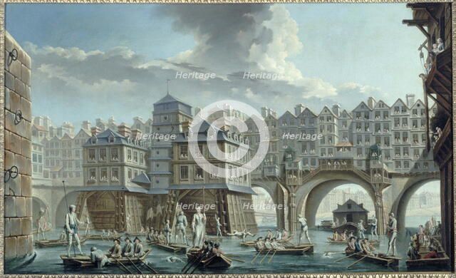 Sailors' joust, between Notre-Dame bridge and the Pont au Change, 1756. Creator: Nicolas Raguenet.
