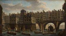 Sailors Jousting, Between the Pont Notre Dame and the Pont-Au-Change, Paris, 1756. Creator: Raguenet, Nicolas-Jean-Baptiste (1715-1793)
