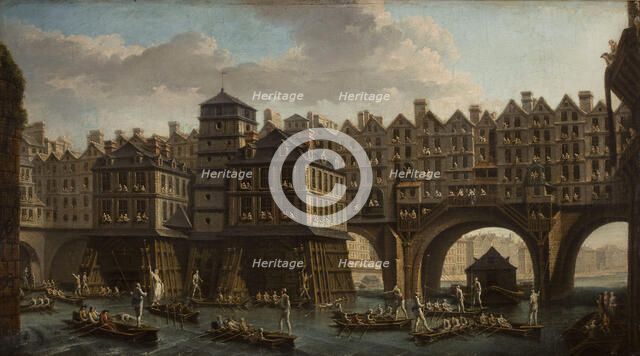 Sailors Jousting, Between the Pont Notre Dame and the Pont-Au-Change, Paris, 1756. Creator: Raguenet, Nicolas-Jean-Baptiste (1715-1793).