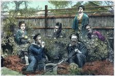 Sailors of HMS Challenger having tea at a tea house near Yokohama, Japan, 1888