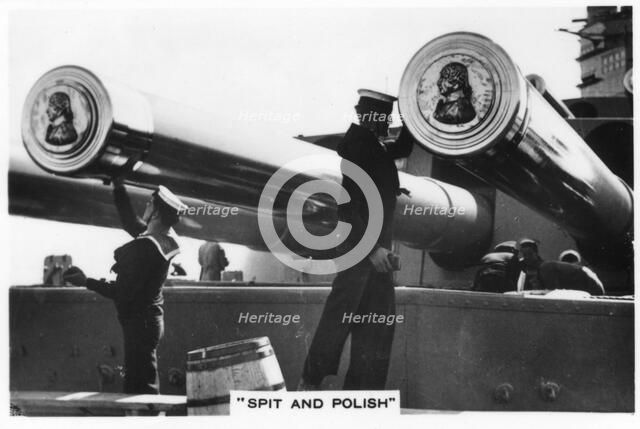 Sailors polishing the 16 inch guns of HMS 'Nelson', 1937. Artist: Unknown